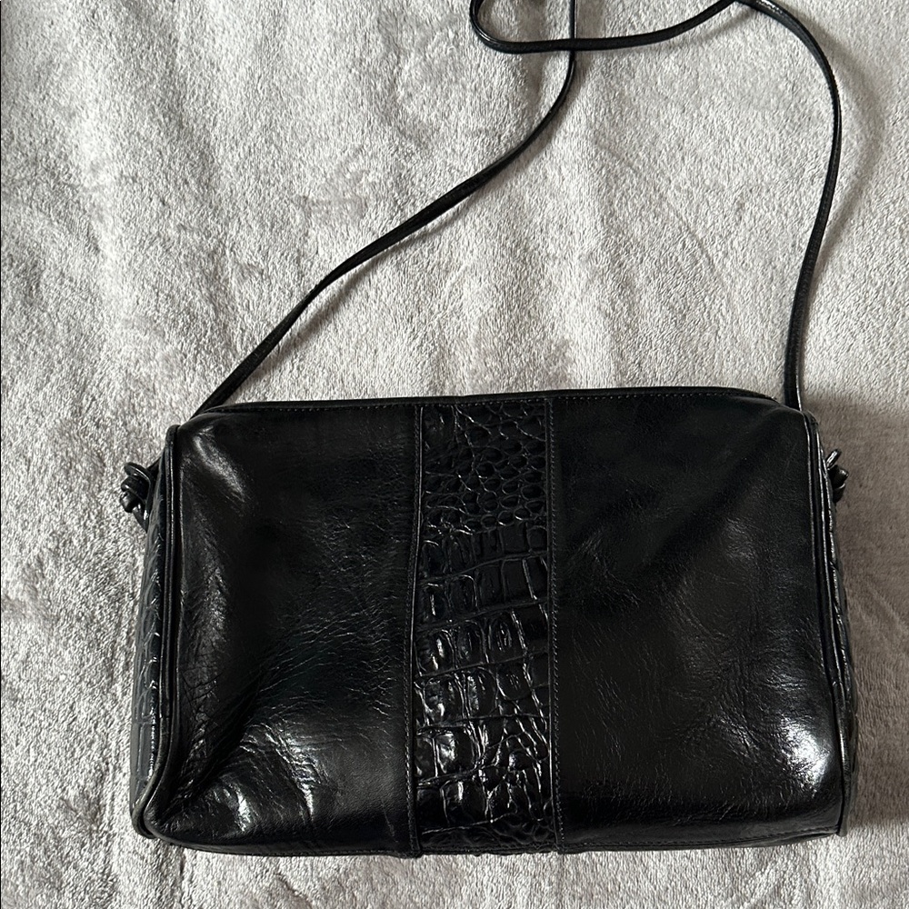 Portofino Black Leather Crossbody with Croc-Embossed Trim